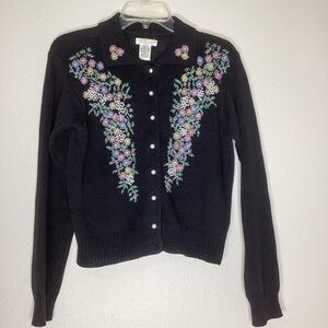 Vintage Beaded Knit Cardigan Peter Pan Collar Black Sm
